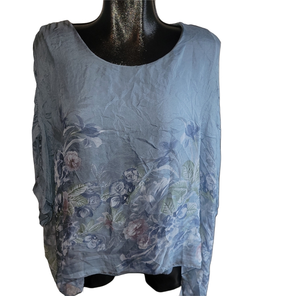 Elena Baldi Blue 100% Italian Silk Batwing Sleeve Blouse M